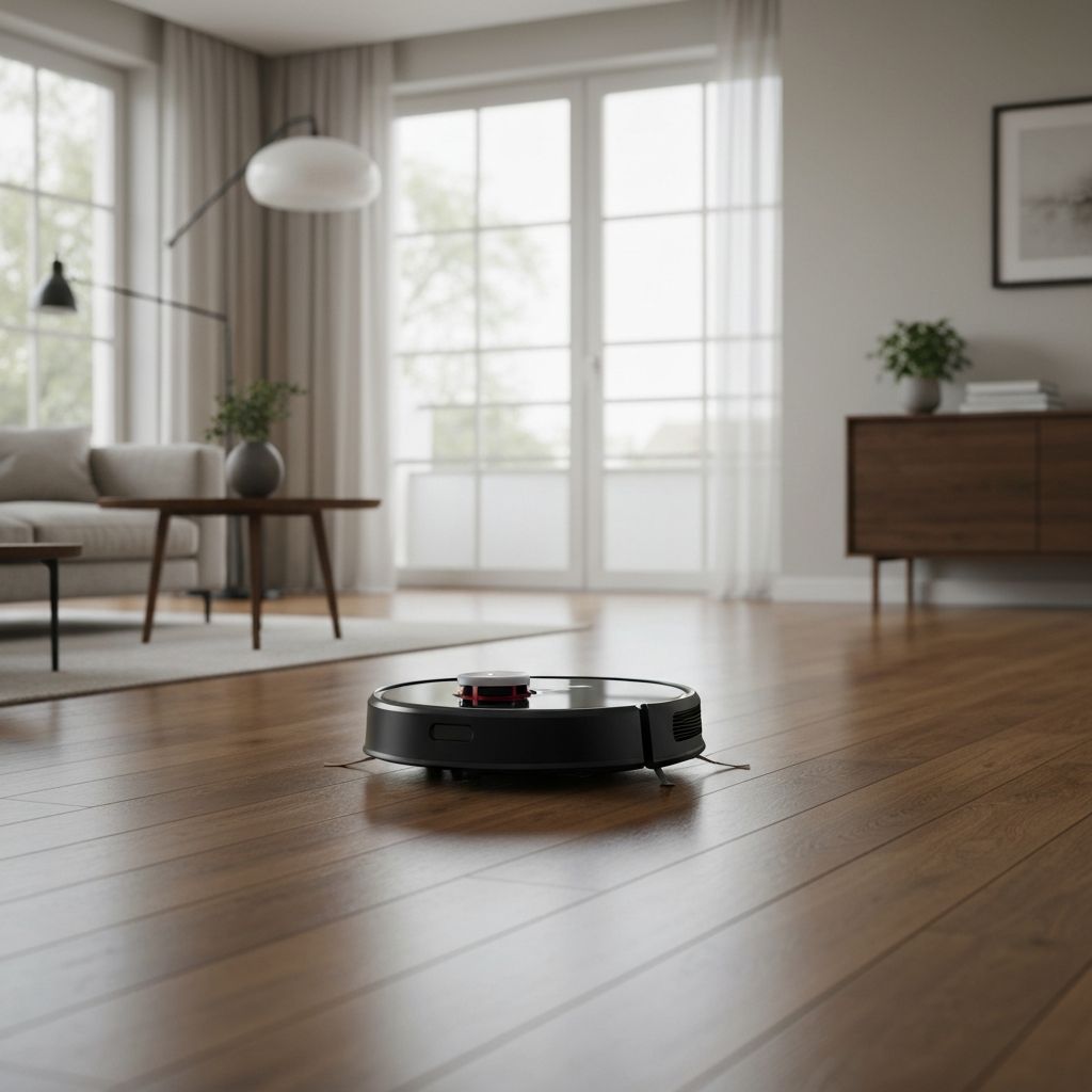 Robot aspirador inteligente en una sala moderna